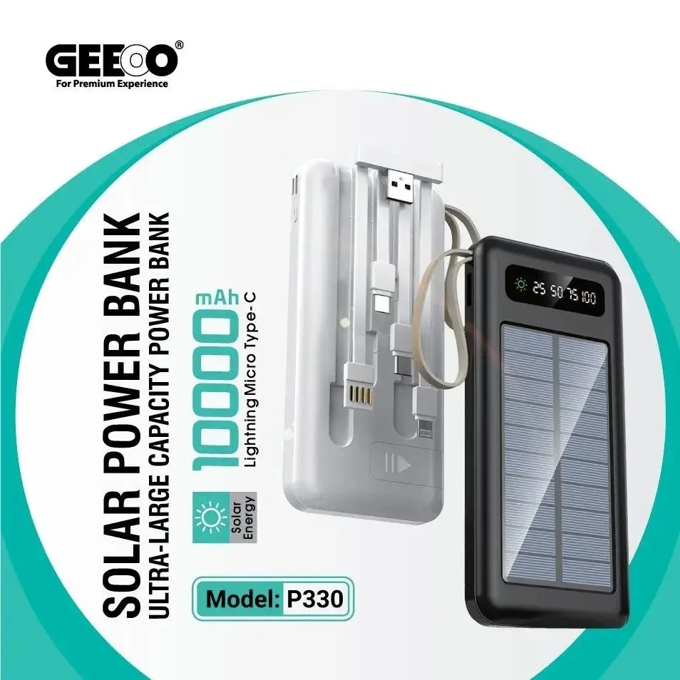 product_11394_main.webp Geeoo P330 10000mAh Solar Power Bank with Attached Cables & Smart Display - Image 1